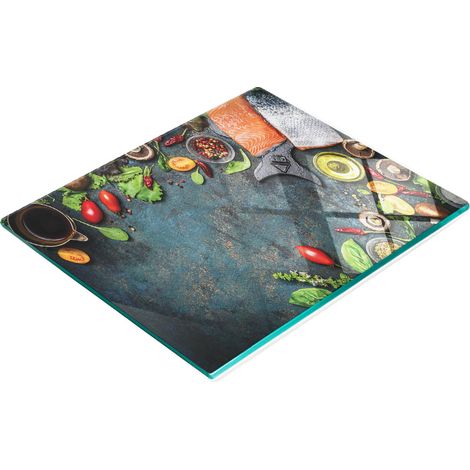 Tabla de cocina de vidrio duradera y elegante con estampado de salmón y verduras, 60x52 cm. (1/5)