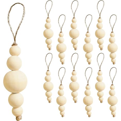 Ornement De Sapin De Noël - Perles En Bois Naturel - Décoration Boho Moderne Minimaliste Pour Arbre De Noël Intérieur - Lot De 12 Pièces (1/5)