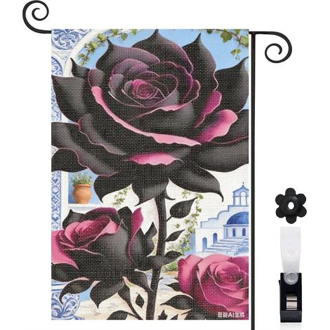 Drapeau de jardin arche en fer et rose noire 30 x 45 cm décoration cour et balcon (1/5)