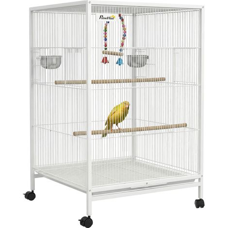 Gabbia uccelli su ruote con mangiatoie, trespoli, altalena, vassoio rimovibile, 48x46x78 cm, bianca