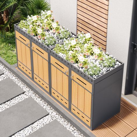 Cache-Container pour 4 poubelles 120-240L, abri métal avec toit végétalisé, coffre de rangement extérieur pour bacs roulants, jardin, résistant aux intempéries (1/5)