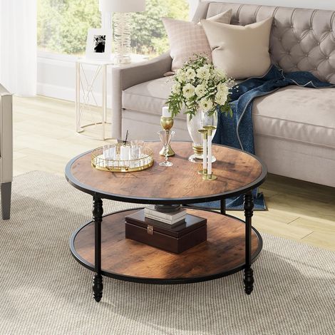 Table Basse Ronde Marron à 2 Niveaux, Style Vintage, 89 cm (1/5)