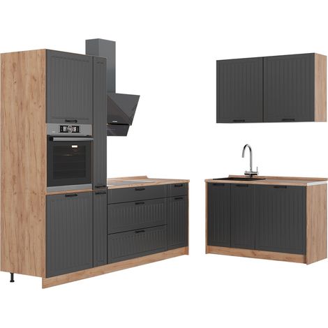 Küchenzeile Fame-Line, Dunkelgrau/Goldkraft Eiche, 220 x 120 cm ohne Arbeitsplatte, Vicco (1/5)