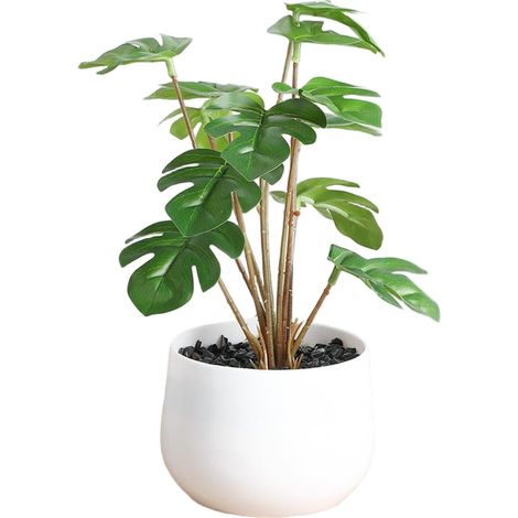 Bouquet de fleurs artificielles, fleurs en plastique longue durée, pot en PVC imitation céramique pour décoration intérieure + feuilles de Monstera (1/2)