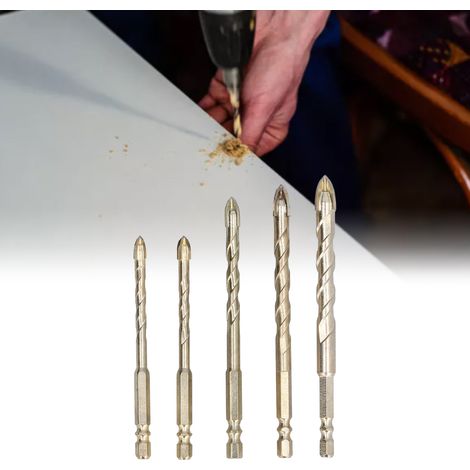 Set mit 5 Betonbohrern und einem Set Kreuzbohrern für Fliesen, mit denen Sie Löcher in Fliesen, Ziegel, Glas, Kunststoff und Holz bohren können (gold). (1/5)