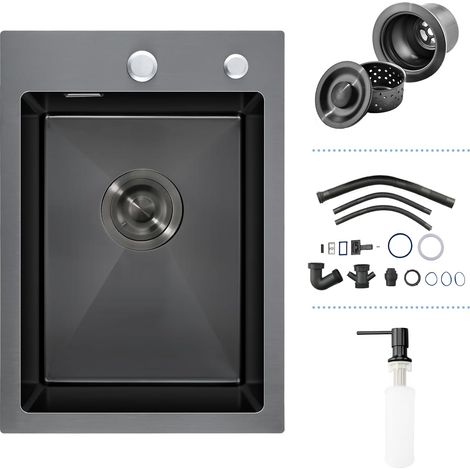 Évier Cuisine Noir 35 x 45, Inox, 1 Bac, 2 Trous, Encastré, Siphon, Cuisine (1/5)