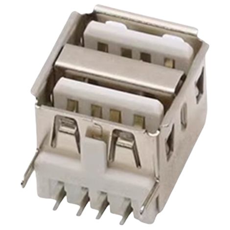 Connecteur USB femelle double couche, montage horizontal sur panneau prise USB 2.0, conception compacte à 90°, type A femelle, hauteur 11,5 mm, double port. Bord roulé blanc. (1/3)