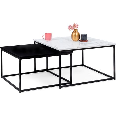 Idmarket – Lot de 2 tables basses gigognes carrées 60/70 – Effet marbre noir – Structure métal robuste – Idéal pour salon moderne