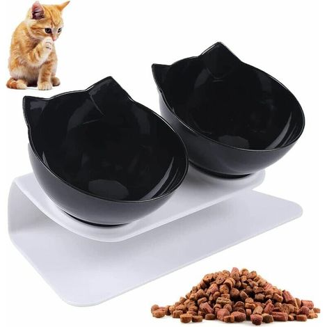 DEESSE SHOP - Bol pour chat, bol double pour chat, support inclinable à 15°, antidérapant, réduit la douleur au cou des animaux de compagnie, pour petits chats et chiens (noir) (1/5)