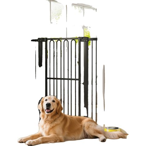 Puerta de seguridad para perros, construcción metálica, ancho extensible hasta 114 cm, altura de 75 cm a 98 cm, mecanismo de bloqueo con una sola mano, montaje a presión sin necesidad de taladrar. (1/5)