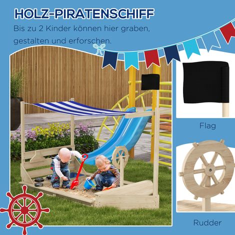 Bac à sable pirate avec auvent parasol, incluant une dînette enfant en bois massif, 180 x 103 x 144,5 cm, couleur naturelle et bleue (1/4)