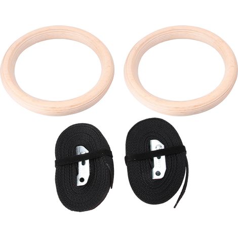 Paire d'anneaux de gymnastique professionnels en bois pour la musculation et le fitness, avec sangles en polyester. (1/4)