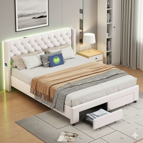 Doppelbett 140 x 190 cm – Erwachsenenbett mit Lattenrost – Polsterbett 140 x 190 cm mit LED – Bettgestell 140 x 190 cm – Beige