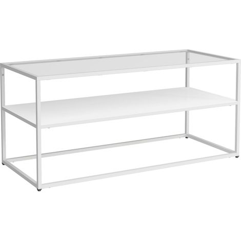 Mesa de centro consola lateral con estante acero y cristal templado 102 x 43 x 46 cm blanco mate 030010854