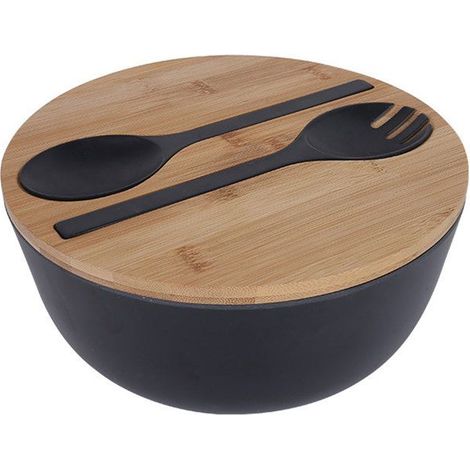 1 saladier + bambou + ,9,8 pouces + noir + couverts inclus + écologique + pour salades et repas quotidiens