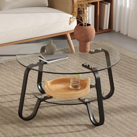 Table basse en métal noir avec 2 plateaux en verre trempé, ronde (1/5)