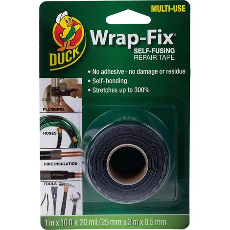 Duck Tape Wrap-Fix - Nastro di riparazione auto-fusibile, autoamalgamante, auto-incollante per impianti idraulici, nastro di riparazione per tubi che perdono, nastro in gomma, impermeabile, nero, 25