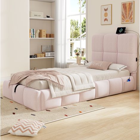 Lit enfant 90 x 200 cm capitonné en tissu rose avec rangement hydraulique et USB, tête de lit rembourrée (1/5)