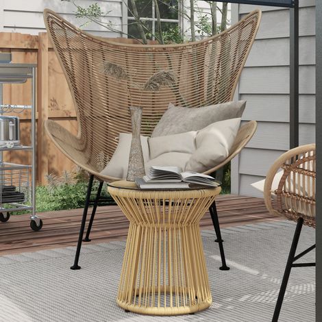 Tavolino da giardino in rattan PE beige rotondo con piano in vetro temperato, stile boho (1/5)
