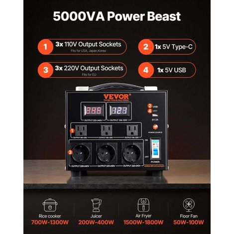 Transformateur 220 V⇄110 V Convertisseur de Tension Élévateur Abaisseur 5000 W Transformateur de Puissance avec 3 Prises US NEMA 5-… (1/5)
