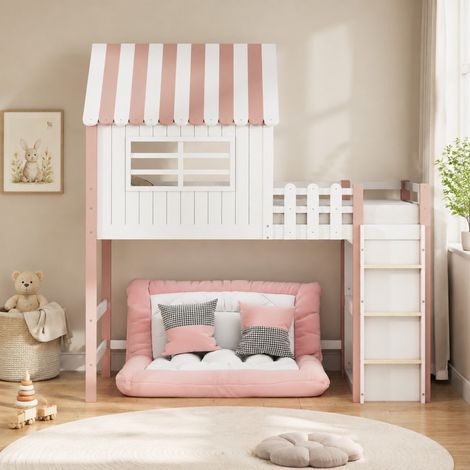 Lit enfant 90x200 cm en bois rose avec toit et échelle, gain de place, sans matelas – MEUBLIV (1/5)