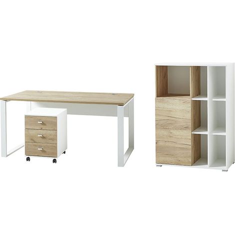 Büro Schreibtisch Set mit Container und Aktenschrank GENT-01 in Navarra Eiche Nb. & weiß BxHxT: 258x120x79cm (1/5)