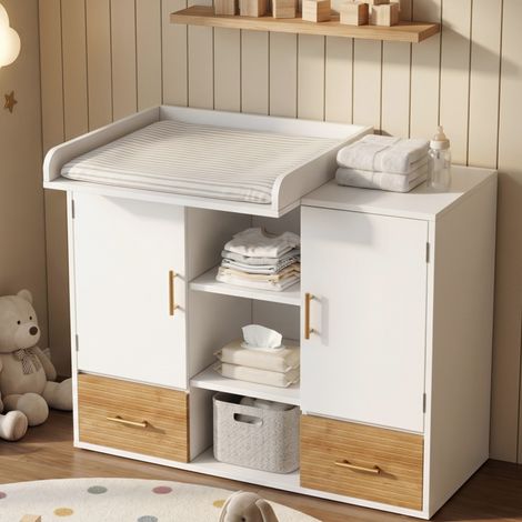 Table à langer évolutive avec rangements, ergonomique et pratique, teinte blanche, dimensions 114 x 53 x 92 cm, pour chambre bébé. (1/5)