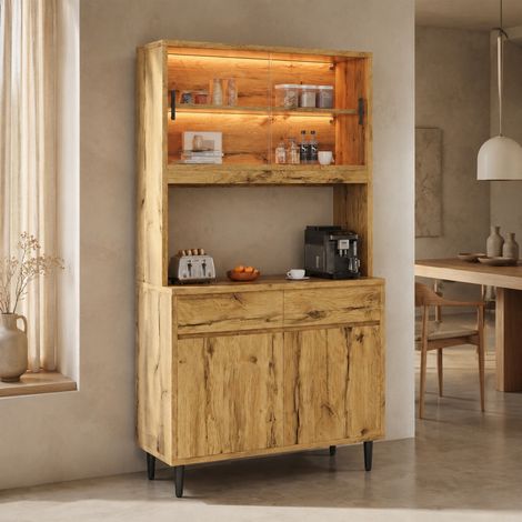 Buffet 100 x 40 x 185 cm mit Steckdose, USB-C/USB-A und LED, Eiche HAVRYA (1/5)