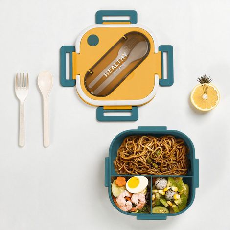 Bento-Box 1300 ml, Lunchbox mit Fächern, Brotdose aus lebensmittelechtem PP mit Gabel und Löffel, auslaufsicher, mit Tragegriff, für Arbeit, Schule und Picknick (1/5)