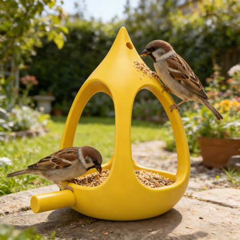 Mangeoire compacte sphérique pour oiseaux avec trous d’évacuation, design anti-accumulation d’eau pour petits oiseaux comme les moineaux et les colibris, jaune (1/5)