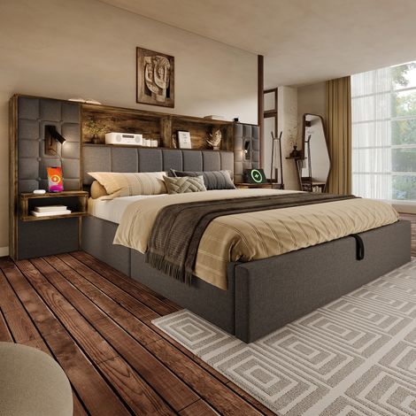 Cama tapizada 160x200 gris con canapé, luces LED, puertos USB Type-C y mesillas (1/5)