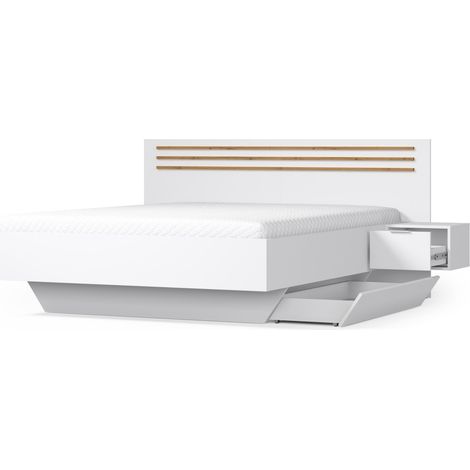 Pack letto FLORENCE – 180x200 cm – Con rete + 2 cassetti – Comodini integrati – Bianco e rovere