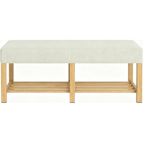 CHICFURN Banc à chaussures avec assise 120 cm, banc d'entrée de rangement en tissu beige et bois clair, étagère ouverte, meuble à chaussures pour entrée (1/5)
