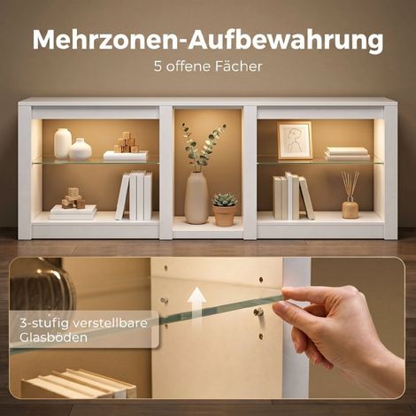 Meuble TV blanc avec éclairage LED RGB, meuble moderne pour téléviseur jusqu'à 190 cm, étagères en verre réglables, support mural bas, 1 unité (1/5)