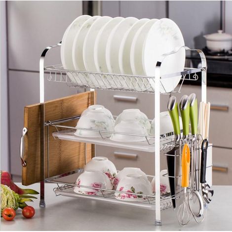 Mellifluous egouttoir a Vaisselle Chrome a 3 Niveaux pour secher Les Assiettes avec Baguettes Couteaux Support de Planche a decouper (1/4)