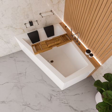ECOLAM Badewanne Eckbadewanne Sfera Maxi 180x130 cm LINKS + Schürze Bambusablage 2x schwarze Kissen Duowanne große Wanne für zwei Personen Acrylwanne Komplettset Ablaufgarnitur Füße Silikon