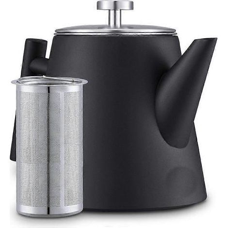 Théière 1 litre - Bouilloire isotherme - Théière en acier inoxydable avec filtre - Grande bouilloire - Bouilloire isotherme à double filtre - Noire (1/5)