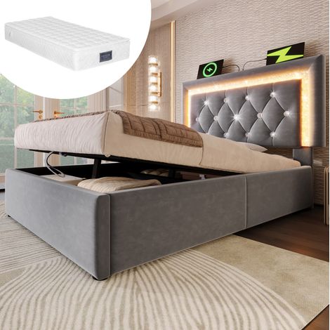 Letto imbottito moderno 90x200 cm in velluto grigio con testiera LED, USB-C, vano contenitore idraulico, rete e materasso (1/5)