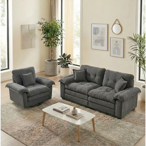 Set divani imbottiti in ciniglia grigio, poltrona + divano 2 posti, seduta profonda con cuscini (1/5)