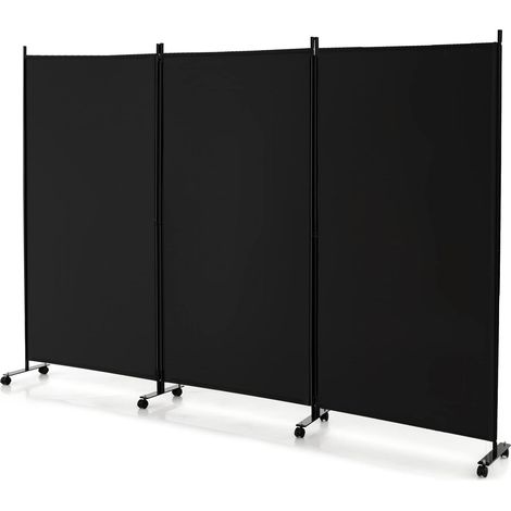 Costway – Paravent intérieur pliable 3 panneaux 262x180cm – Cloison de séparation avec 8 roulettes – Cadre en métal et tissu polyester noir (1/5)