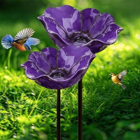 Bain d’Oiseaux sur Pied 65 cm, Abreuvoir Fleur en Alliage Résistant Antirouille, Décoration Jardin/Balcon, Violet 14x14 cm (1/4)