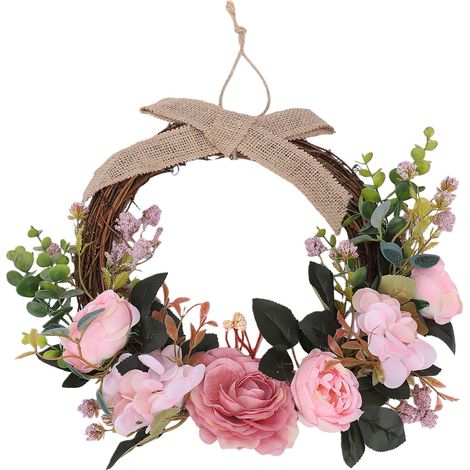 Couronne d'hortensia et de pivoines artificielles avec nœud, fleur de printemps pour porte d'entrée, pour décoration de cheminée, petit rose (1/5)