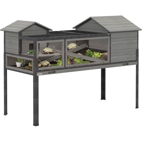 Maison pour tortues - PawHut - 2 étages, 2 chambres, fenêtres, rampes, toit ouvrable et plateau - bois - 128x63x96cm - gris (1/5)