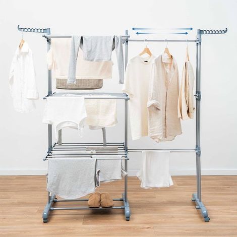 Étendoir Vertical Double Extensible 3 Niveaux 30 Barres, Séchoir Pliant avec roulettes, 6 Ailes, 22 m d’étendage, Supports à Cintres (1/5)
