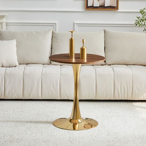 Table ronde 60 cm en MDF, table d'appoint à manger, plateau thermoformé de qualité, finition noyer imitation bois, pied doré métallique, idéale petit espace salon européen. (1/5)