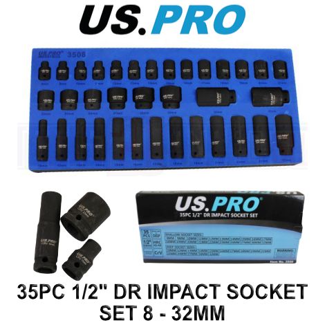 US PRO Impact Socket Set 35pc 1/2"" Dr 6 Point Deep & Shallow In EVA Foam 3508 (1/4)