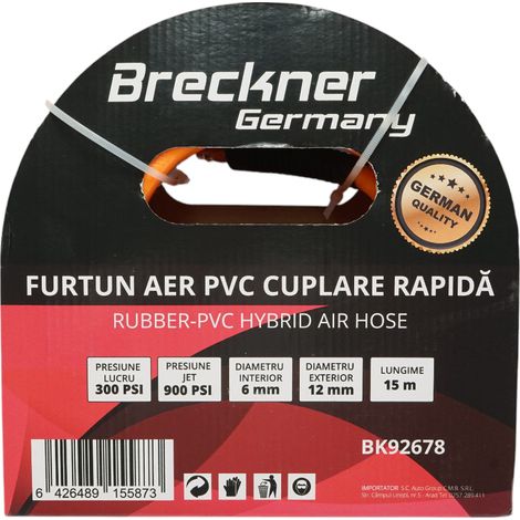 Tubo flessibile professionale per aria compressa in PVC da 15 m e attacco rapido universale Breckner Germany (1/5)