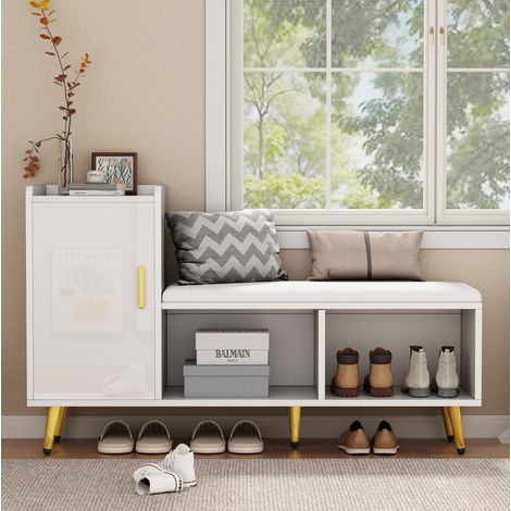 Zapatero con banco y puerta en blanco brillo 120 x 35 x 71,5 cm (1/5)