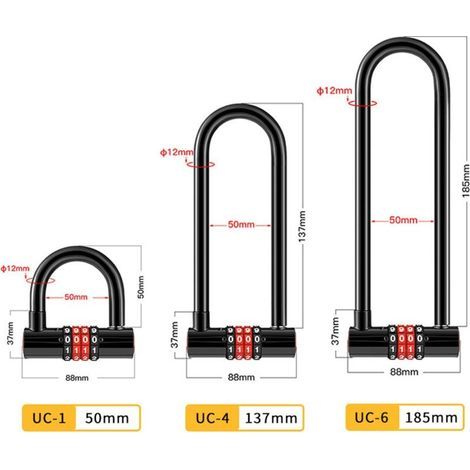 Cadenas à combinaison antivol en U 4 chiffres – Longue anse étanche pour vélo – Serrure double mortaise réinitialisable – 50mm (1/5)