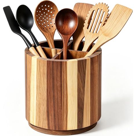 Pot Ustensiles Cuisine en Bambou Pivotant à 360° Teinte Bois, Rangement Ustensiles Cuisine pour Comptoir, Ustensiles de Cuisine-Support pour Spatules Cuillères (1/5)
